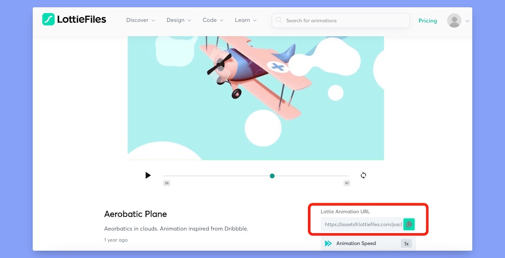 6 Copy the Lottie animation file URL aea8c